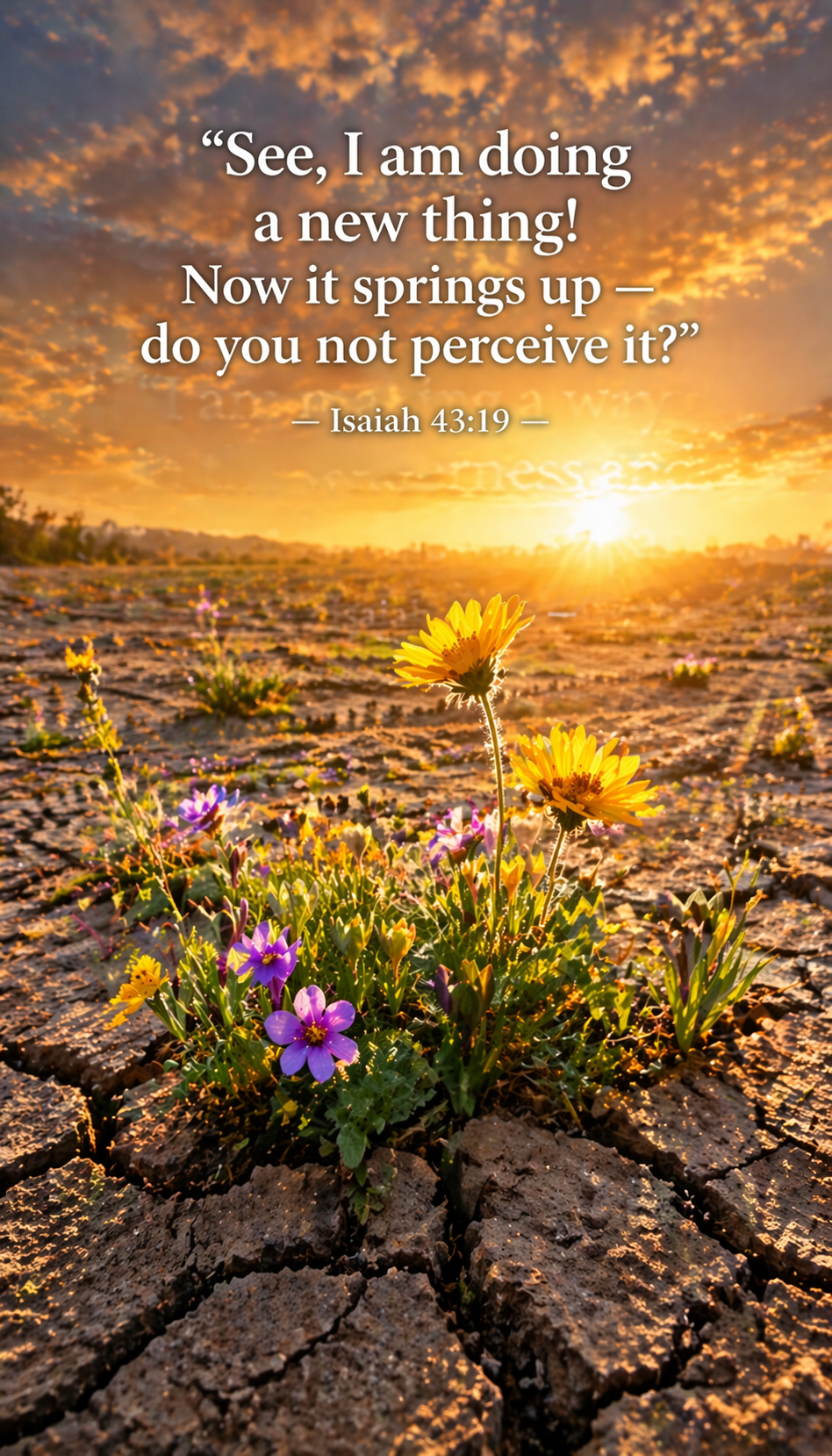 Vivid wildflowers and green shoots emerging from cracked dry earth backlit by golden sunrise light -- Isaiah 43:19 new thing vertical wallpaper